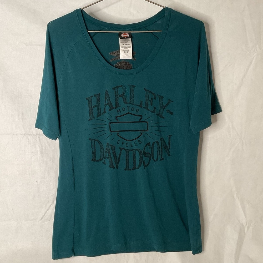 Harley-Davidson Scoop Neck Graphic T-Shirt Women's XL Teal Bar Shield